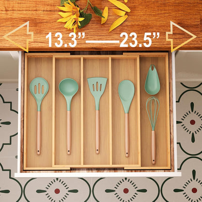 Fibogollo Expandable Kitchen Drawer Organizer,Bamboo Silverware Organizer,Adjustable Flatware Tray for Utensils(16.92 * 13.30~22.83 * 1.96)
