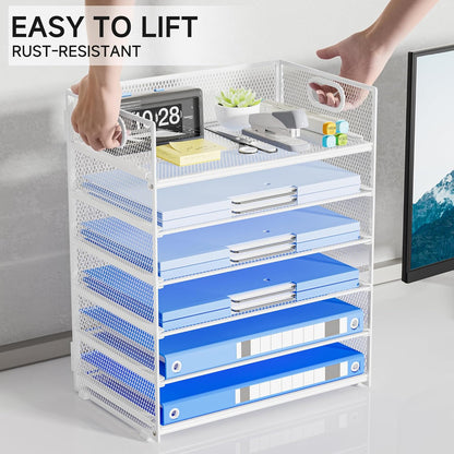 Paper Organizer Letter Tray with Handle, 5-Tier Black Stackable Desk Organizer with Metal Mesh, Sturdy Paper Tray for Office Desk, Home & Classroom Supplies Storage