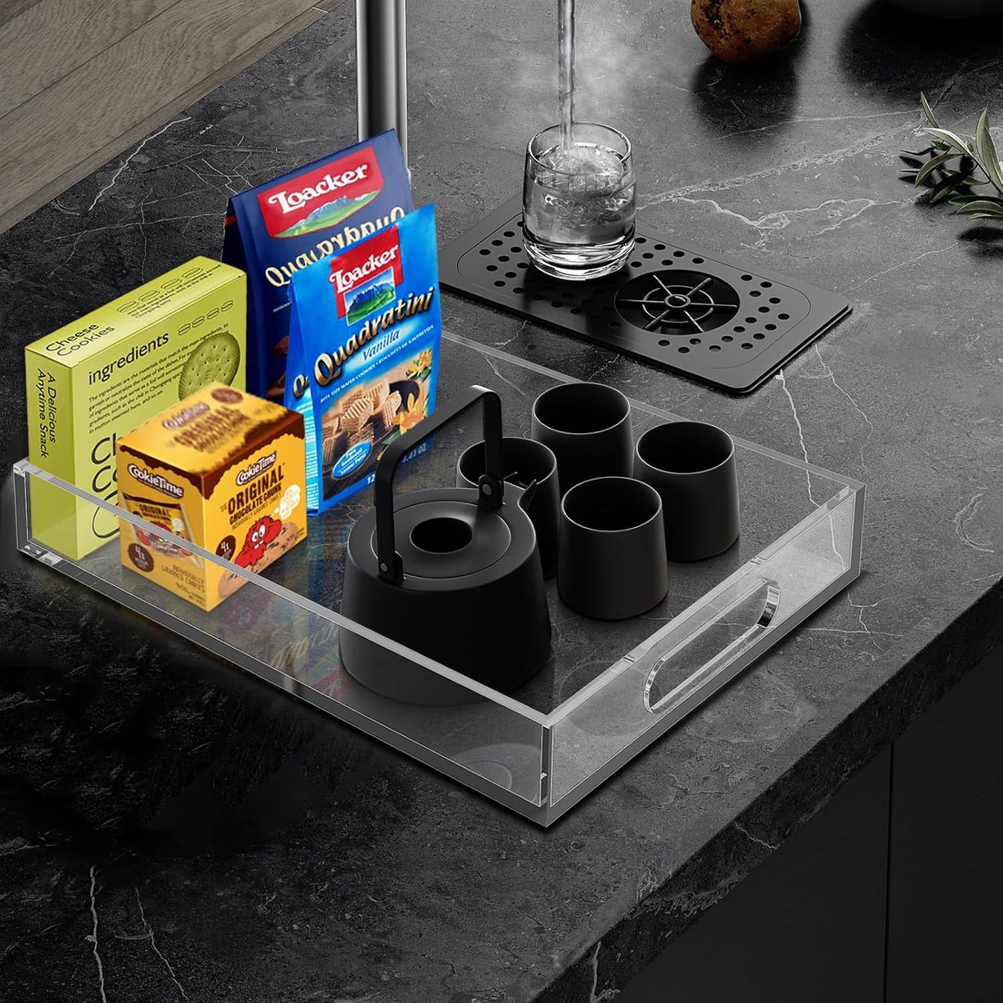 Clear Acrylic Tray with Raised Edges, Multi-Purpose Organizer Tray for Vanity, Bathroom, Kitchen, Countertop, Dresser & Desktop, Waterproof & Scratch-Resistant
