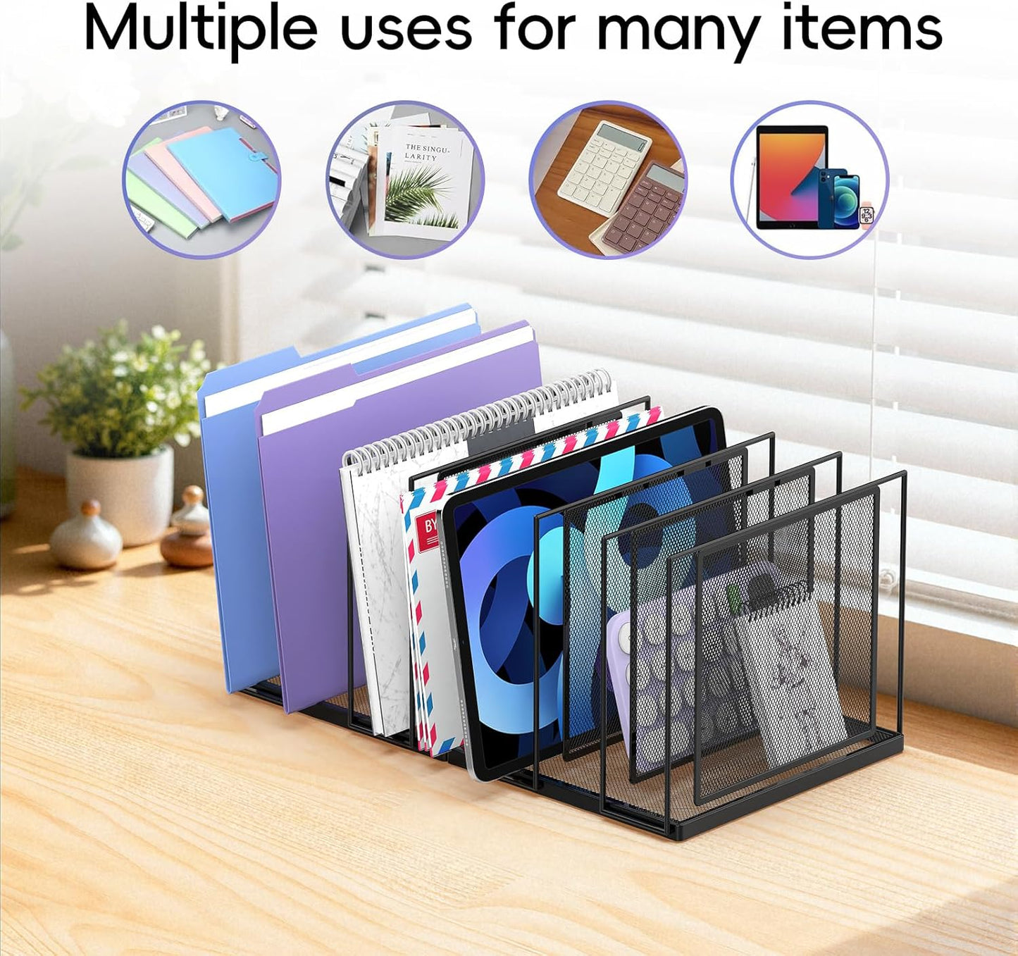 File Organizer for Desk, 5-Section Vertical File Sorter, Paper Holder Organizer Standing Metal File Folder for Office Home Classroom, Black