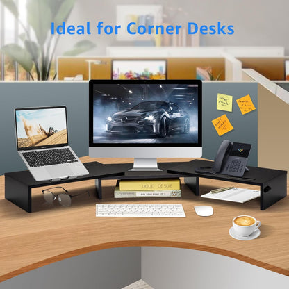 La Jaco Dual Monitor Stand Riser for 2 Monitors, Monitor Stand for Desk, Adjustable Length & Swivel Angle Wooden Desktop Organizer Stand Riser with Smartphone Holder for PC Monitor Laptop, White