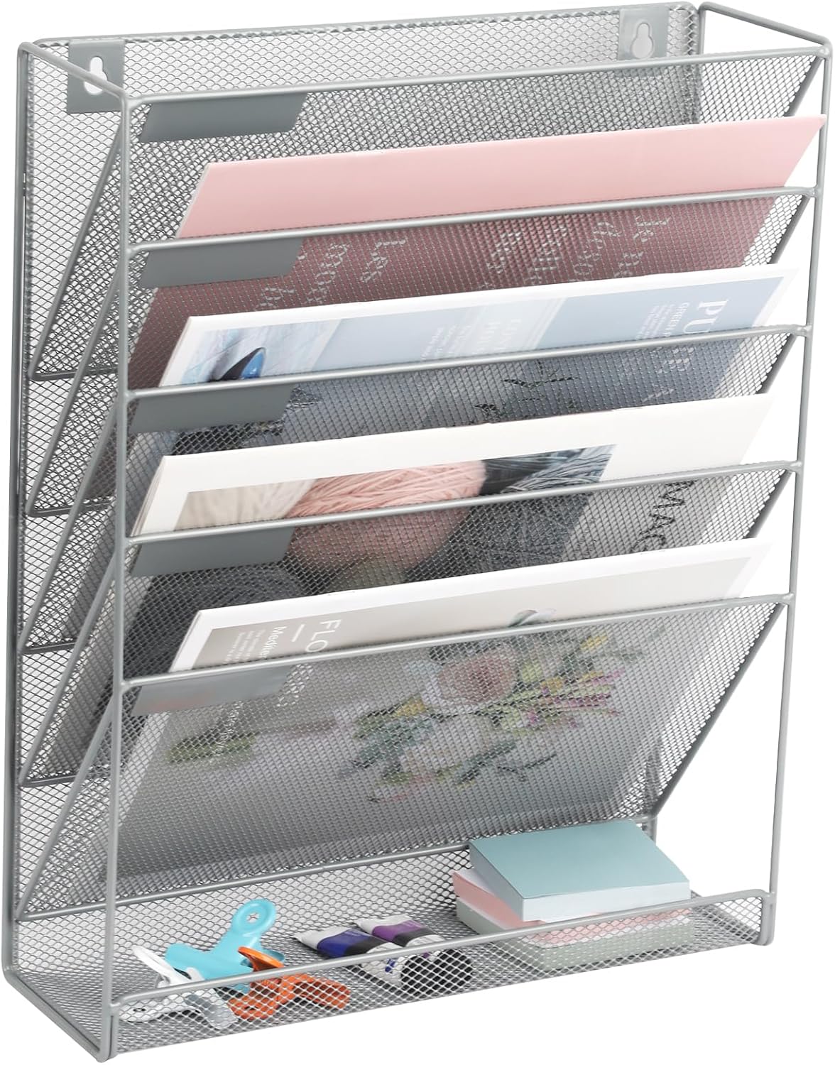 EASEPRES Desk File Organizer Mesh 6-Tier, Hanging Wall Mount Document Organization Stand, Desktop Vertical Mail Paper Folder Holder Rack with Bottom Tray for Office Home Cubicle Countertop, Black