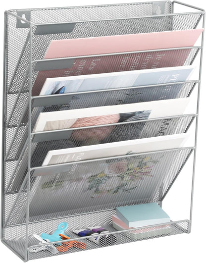 EASEPRES Desk File Organizer Mesh 6-Tier, Hanging Wall Mount Document Organization Stand, Desktop Vertical Mail Paper Folder Holder Rack with Bottom Tray for Office Home Cubicle Countertop, Black