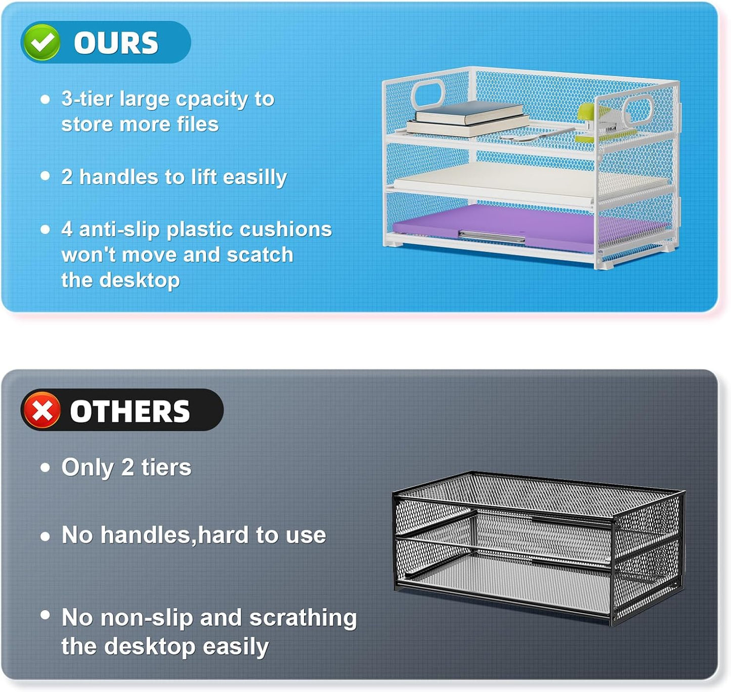 Marbrasse 3 Tier Paper Organizer Letter Tray, Mesh File Organizer with Handle, Paper Sorter Desk Organizer for Home Office Supplies
