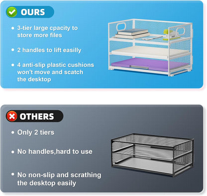 Marbrasse 3 Tier Paper Organizer Letter Tray, Mesh File Organizer with Handle, Paper Sorter Desk Organizer for Home Office Supplies