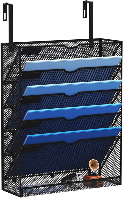 Wall File Organizer Holder Mesh Hanging Paper Document Holder,Vertical 6 Pocket Tier for Office Home, Black
