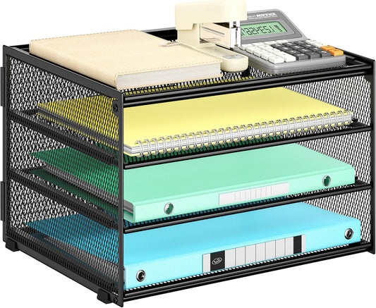 Lavatino 3-Tier Letter Tray Desk Paper Organizer – Black Mesh Metal File Tray Organizer for Desk, Office Supplies & Home Organization | Fits A4/Letter Paper, Mail, Magazines and Office Accessories