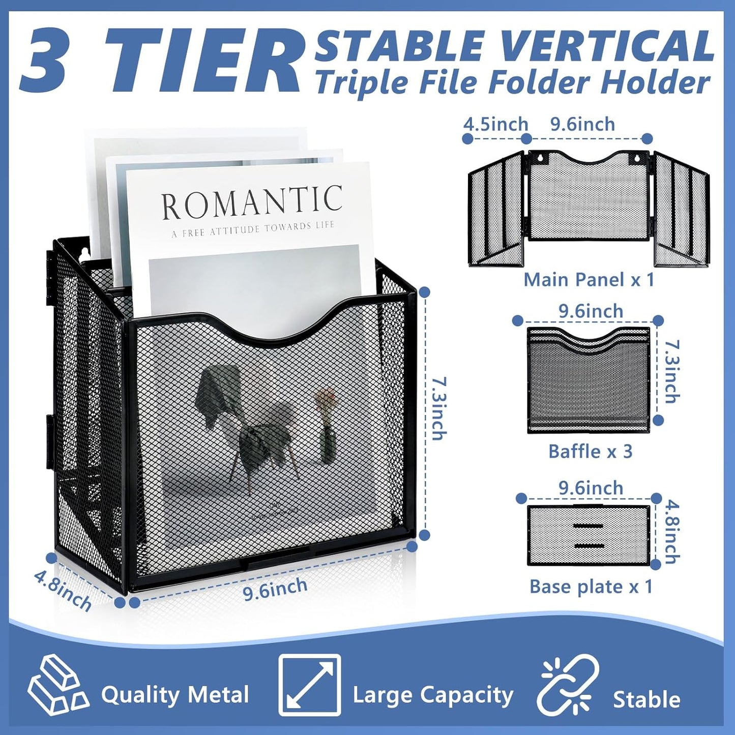 Vertical Triple File Folder Holder 9.8 In Magazine Holder Wall Mount & Desktop 3 Tier Vertical Desk Organizer Pocket File Holder Sorter Magazine Storage Rack For Office Home Organization Wall Door