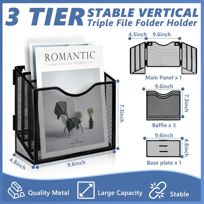 Vertical Triple File Folder Holder 9.8 In Magazine Holder Wall Mount & Desktop 3 Tier Vertical Desk Organizer Pocket File Holder Sorter Magazine Storage Rack For Office Home Organization Wall Door