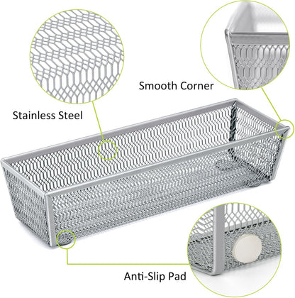 Neudeco Drawer Organizer Set 6 Pack - 5-Compartment Silverware Organizer Tray + 5 Utensil Trays, Kitchen Drawer Organizer for Flatware, Cutlery, Office Supplies, Black Mesh, Non-Slip.