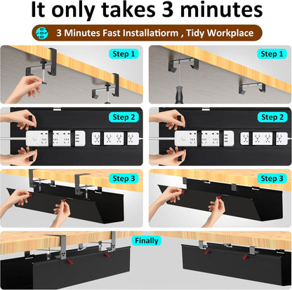 Under Desk Cable Management Tray - Under Desk Cord Management - Clamp/Screw Mount - Fabric Wire Management - Cable Raceways Tray Cord Hiders for Office/Home (Black, 35.8"×5.6")