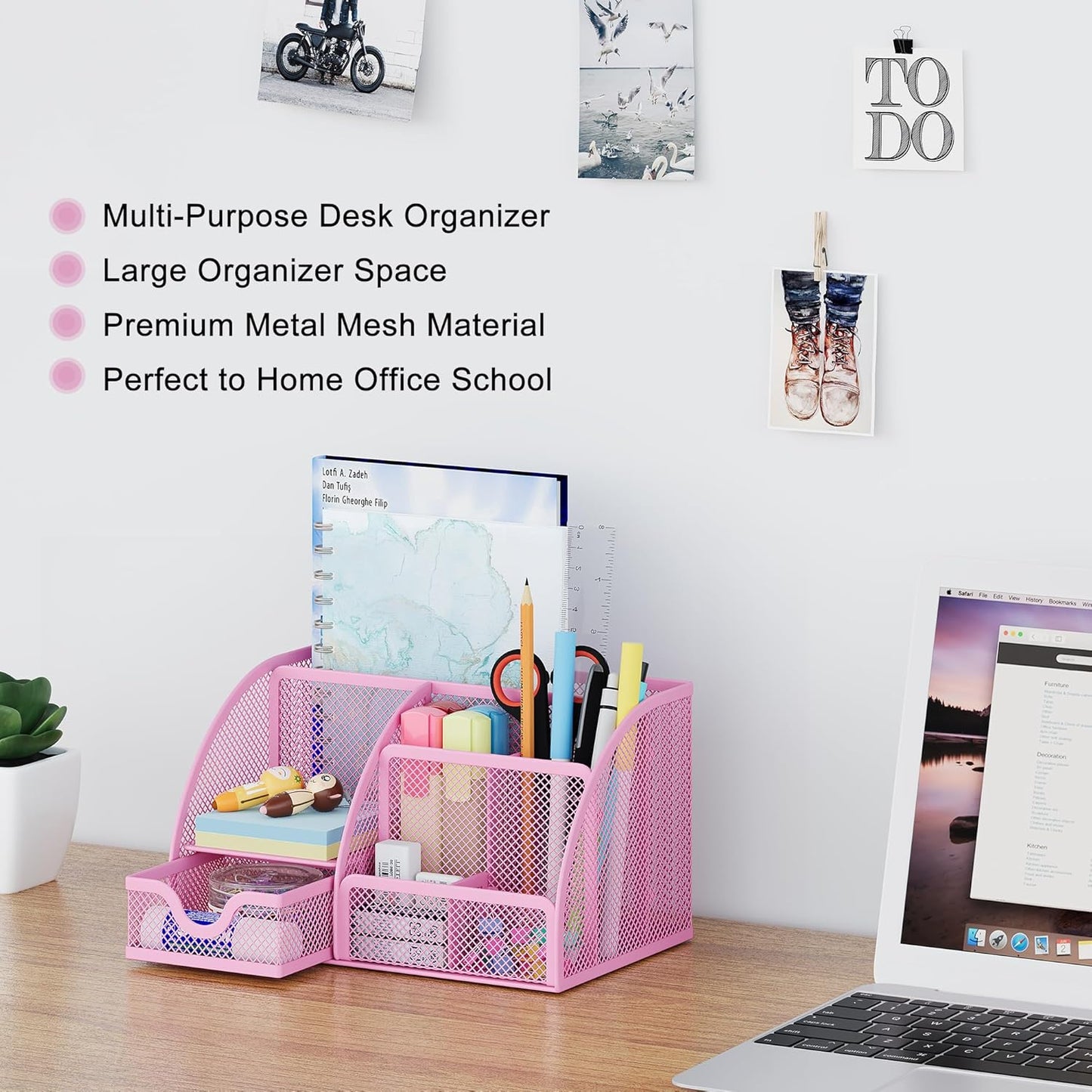 EasyPAG Mesh Desk Organizer with Drawer Multi-functional Pen Holder Stationery Organizer for Office School Supplies 6 Compartments Dorm Organizers and Storage for Desk, Black