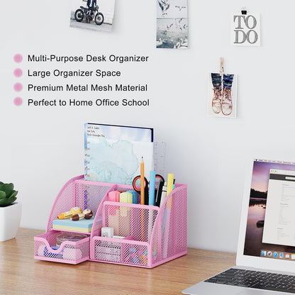 EasyPAG Mesh Desk Organizer with Drawer Multi-functional Pen Holder Stationery Organizer for Office School Supplies 6 Compartments Dorm Organizers and Storage for Desk, Black