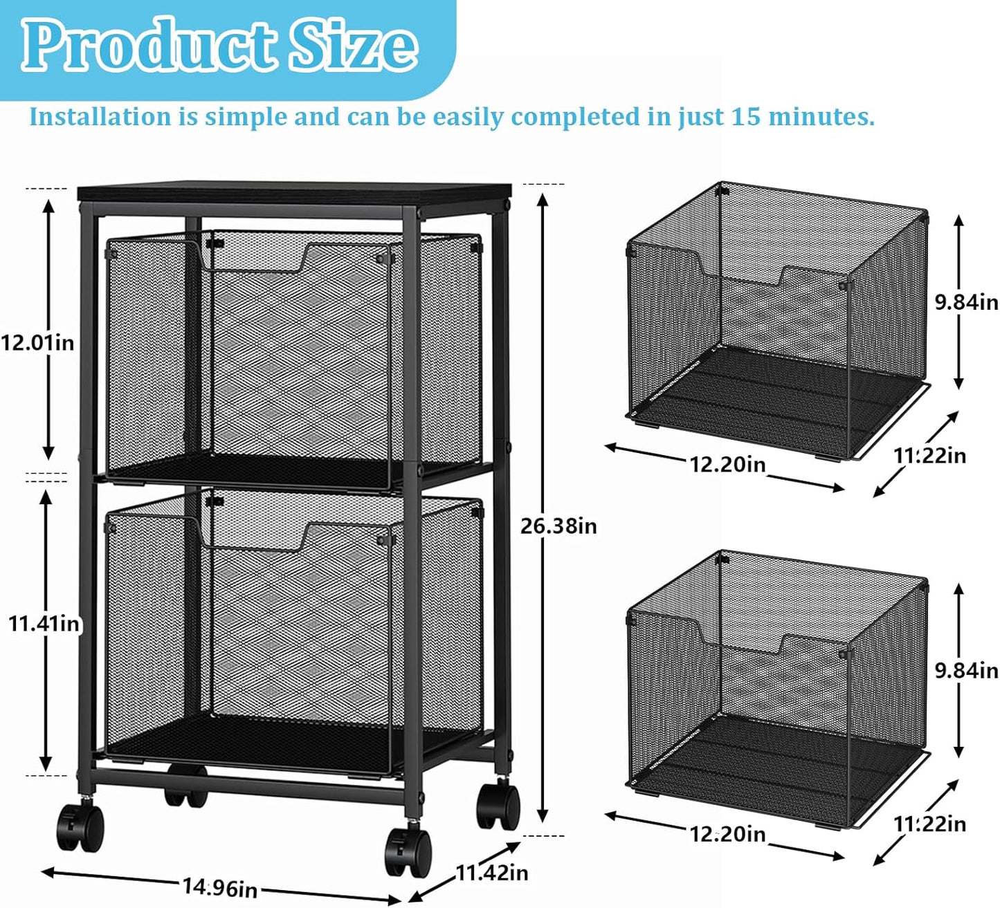 Sbanmao Rolling File Cart with 2 Storage Drawers, Mobile File Cabinet with Wheels, Hanging File Folder Organizer, Under Desk Storage, Printer Stand Utility Cart Filing Cabinet for Home Office,Black