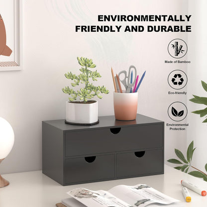 Bamboo Desk Organizer with Drawers Desktop Storage Drawers for Bills Office Supplies Kitchen Utensils Organizing Tool for Home Classroom Organization No Assembly (Black with Shelf)