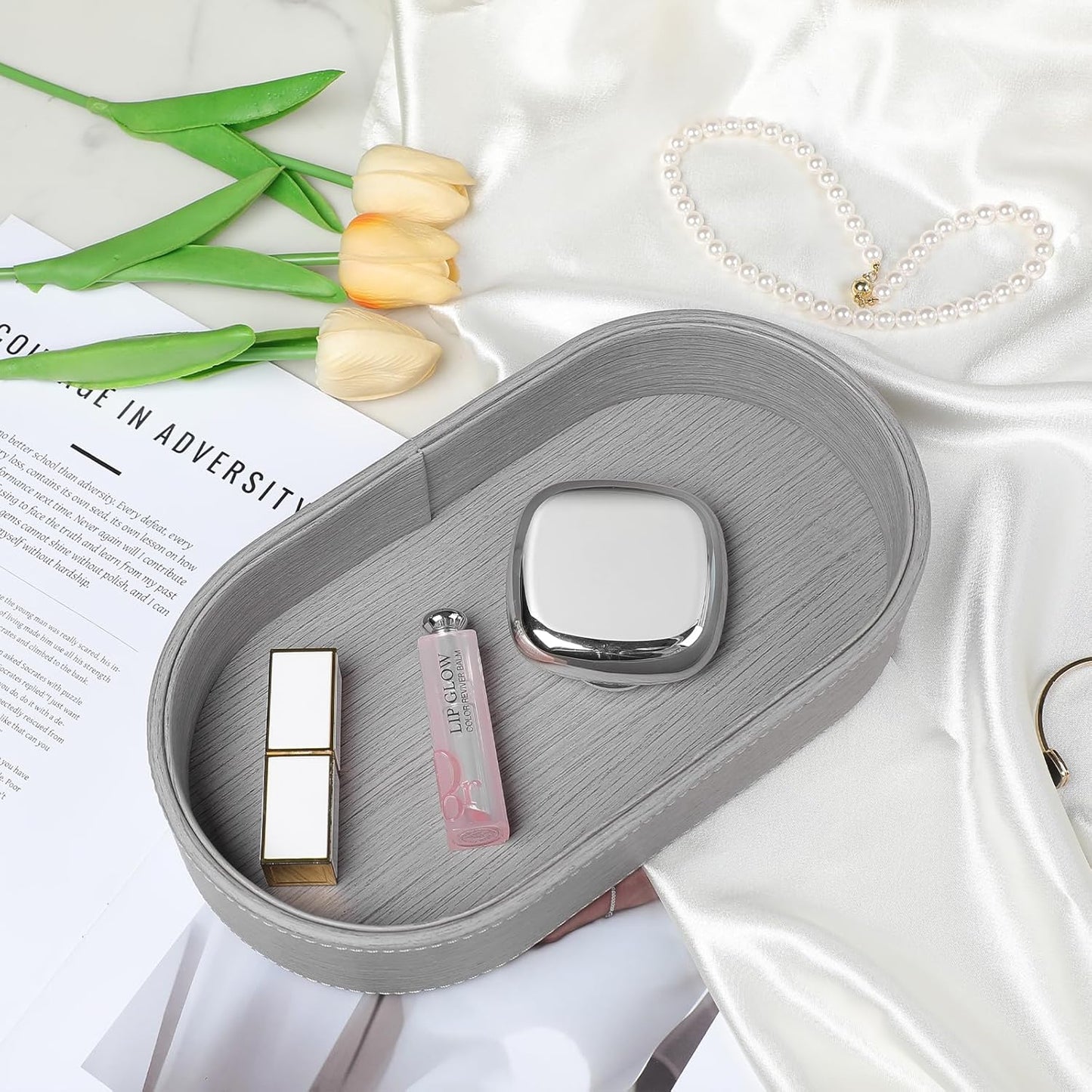 Oval Desk Valet Tray, PU Leather Perfume Dish Bowl for Keys Wallet Watch, Decorative Trinket Vanity Jewelry Tray, Entryway Nightstand Organizer Women Men (Black)