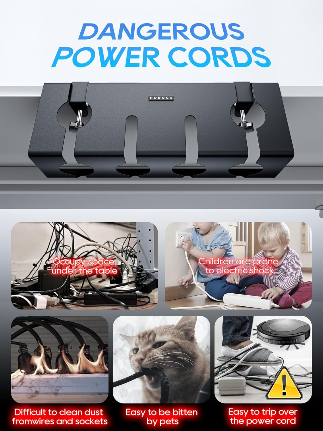 NODOCA No Drill Under Desk Cable Management Tray, 14'' Wire Management, Punch-Free Clamp on, Metal Cable Tray, Wire Organizer Under Desk, Under Desk Basket for Office and Home, Black