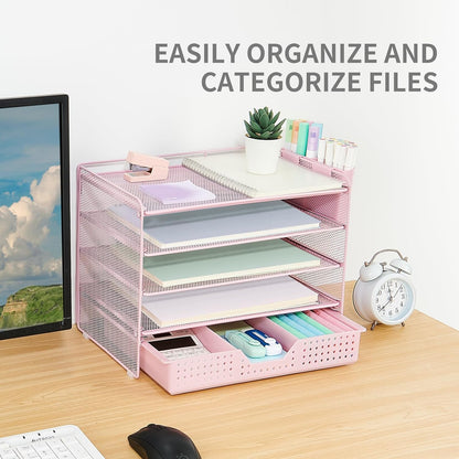 LEKETREE Desk Organizers and Accessories, 5-Tier Paper Letter Tray Organizer with File Holder, Desktop Organizer for Office Supplies (Black)