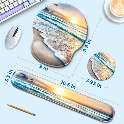 Mouse Pad and Keyboard Wrist Rest Support, with Non-Slip PU Base,Gel Mouse Pad with Coaster,Pain Relief for Gaming, Computer,Office -Beach