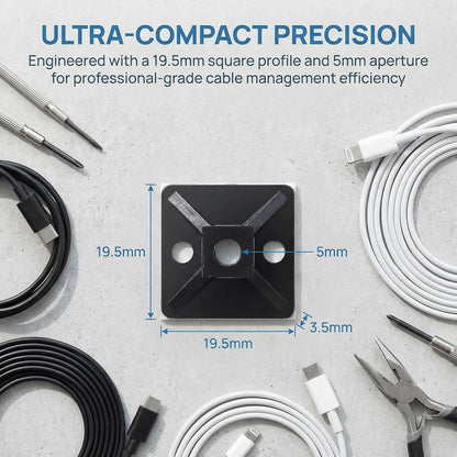 3/4-Inch Black Self-Adhesive Cable Tie Mounts - 100 Pack, Screwless Wire Clips Holders for Organizing Cables, Adhesive Anchors for Home Office Car Desk
