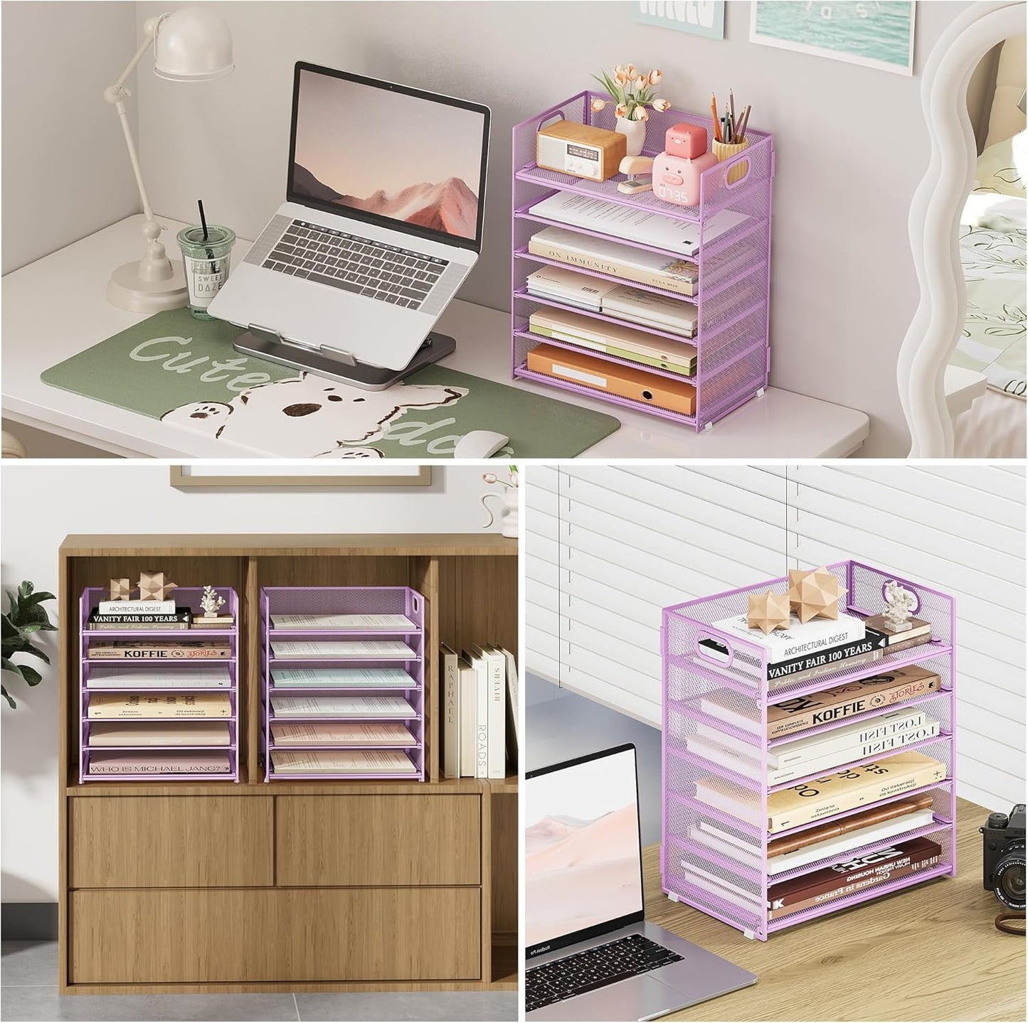 Subekyu 6 Tier Office File Paper Desk Tray Organizer with Handle, Stackable Slide Mesh Letter Tray Folder Blue Desk Organizer, Desktop Document Sorter for Classroom, Office, Home Supplies Storage