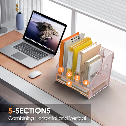 Desk File Folder Holder Organizer-5 Vertical Compartments Racks and Paper Letter Tray,Mesh Magazine File Holder Sorter,Desktop Accessories & Workspace Organizers for Home,Office,School-Black