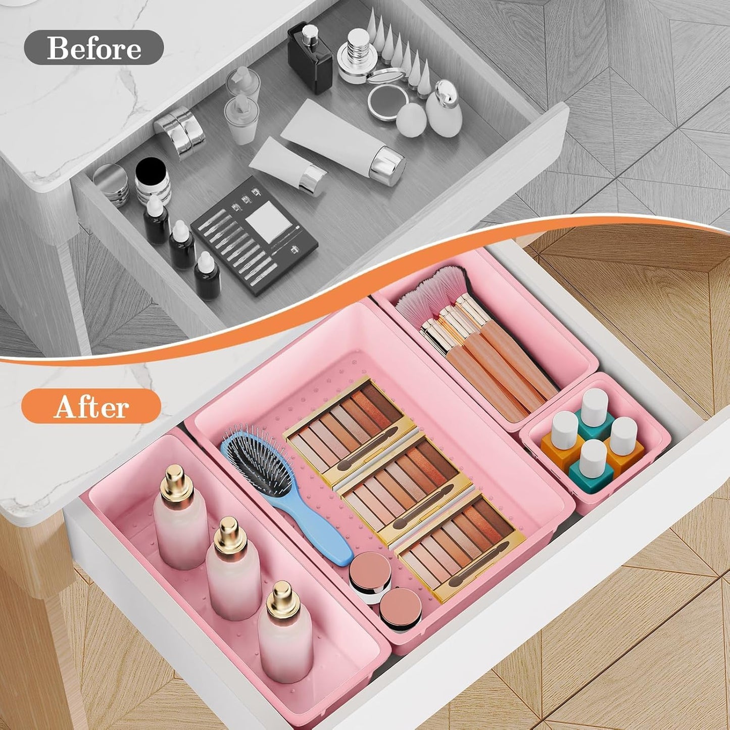 SpaceHacks 25 PCS Plastic Drawer Organizer Set, 4-Size Versatile Organizer Tool Trays & storage Bins for Makeup, Jewelry, and Gadgets in Bathroom, Bedroom and Office,Clear Black