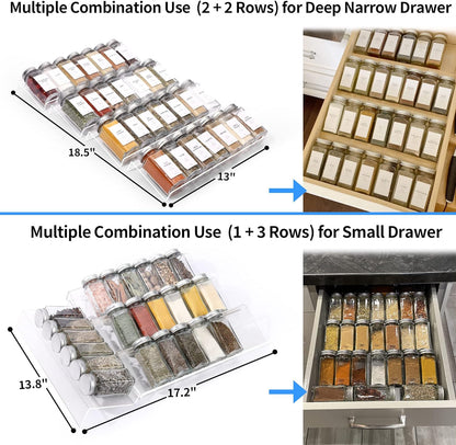 MIUKAA Clear Acrylic Spice Drawer Organizer, 4 Tier- 2 Set Expandable From 13" to 26" Drawer Seasoning Organizer, Kitchen Spice Rack Tray for Drawer/Countertop (Jars not included)