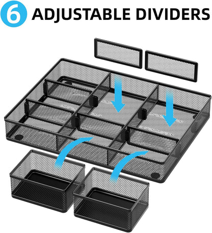 Marbrasse 3 Packs Desk Drawer Organizers, Metal Mesh Dividers Desk Drawer Organizer Tray with 9 Adjustable Compartments, Pen Organizer for Drawer Tray Box Accessories for Desktop,Kitchen, Makeup