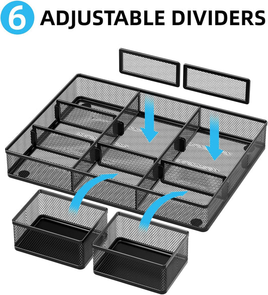 Marbrasse 3 Packs Desk Drawer Organizers, Metal Mesh Dividers Desk Drawer Organizer Tray with 9 Adjustable Compartments, Pen Organizer for Drawer Tray Box Accessories for Desktop,Kitchen, Makeup
