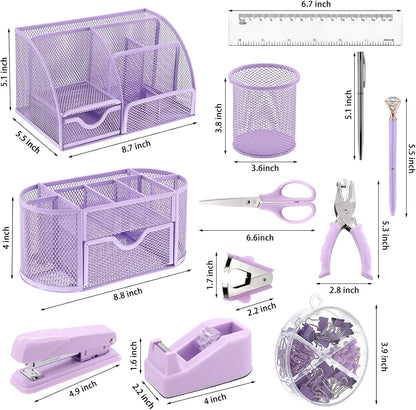 17 in1 Silvery Desk Organizers and Accessories Set, 3 Office Desk Supplies Storage Organization, 4 Pens, Stapler, Staples & Remover, Tape & Dispenser, Scissors, Ruler, Clips, Hole Punch Back to School