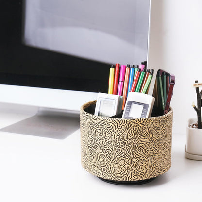 lizimandu Round Leather Art Supply Organizer,Remote Control Holder,360 Degree Spinning,Multi-Functional Pencil Holder,4 Compartments Desktop Stationary Organizer(1-Gold) - Colors B