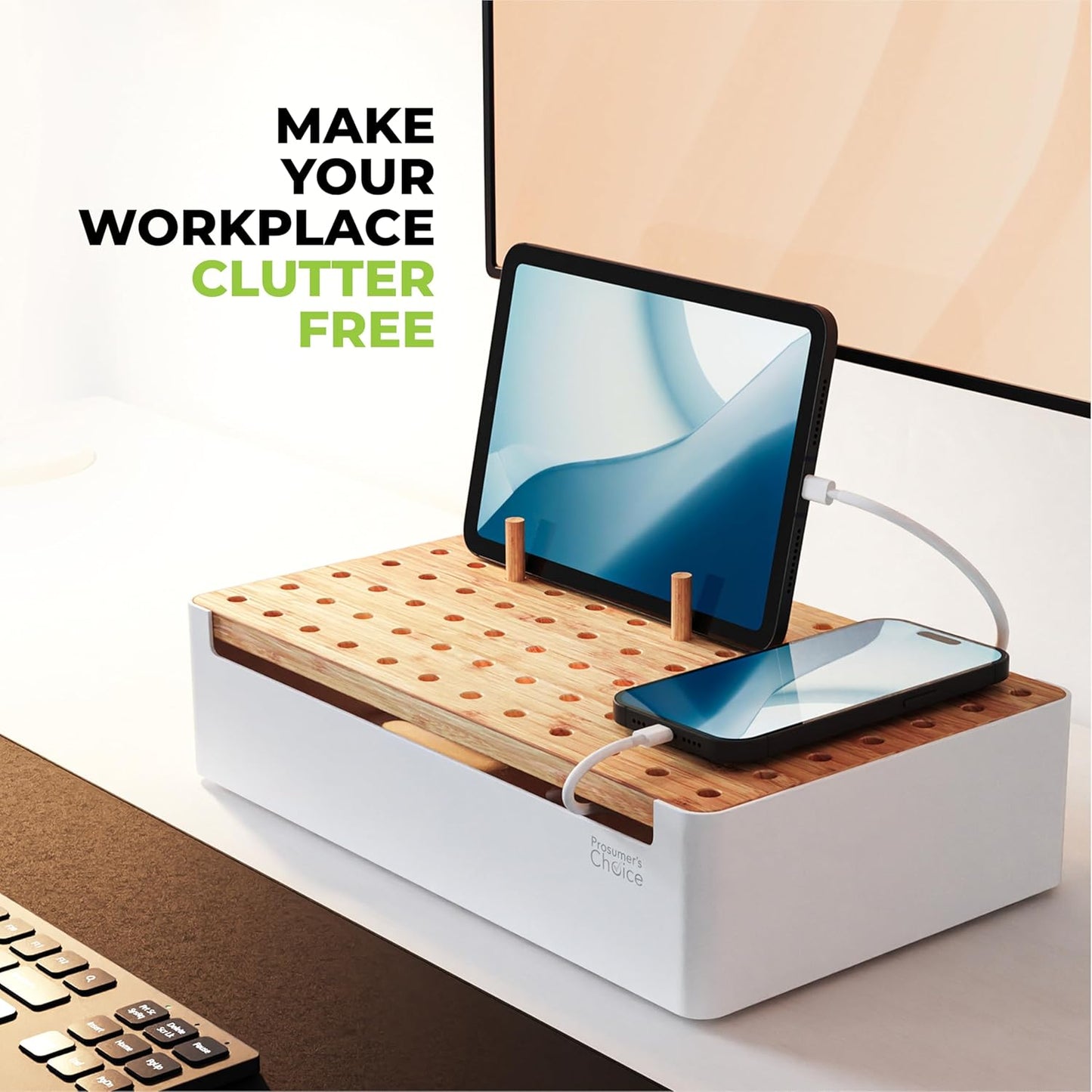 Prosumer's Choice Wooden Charging Station Organizer - 5-Port Base for Phones, Tablets and Laptops - Multi-Device Docking Station with Removable Divider Slots - Cord Box with Cable Management - Bamboo
