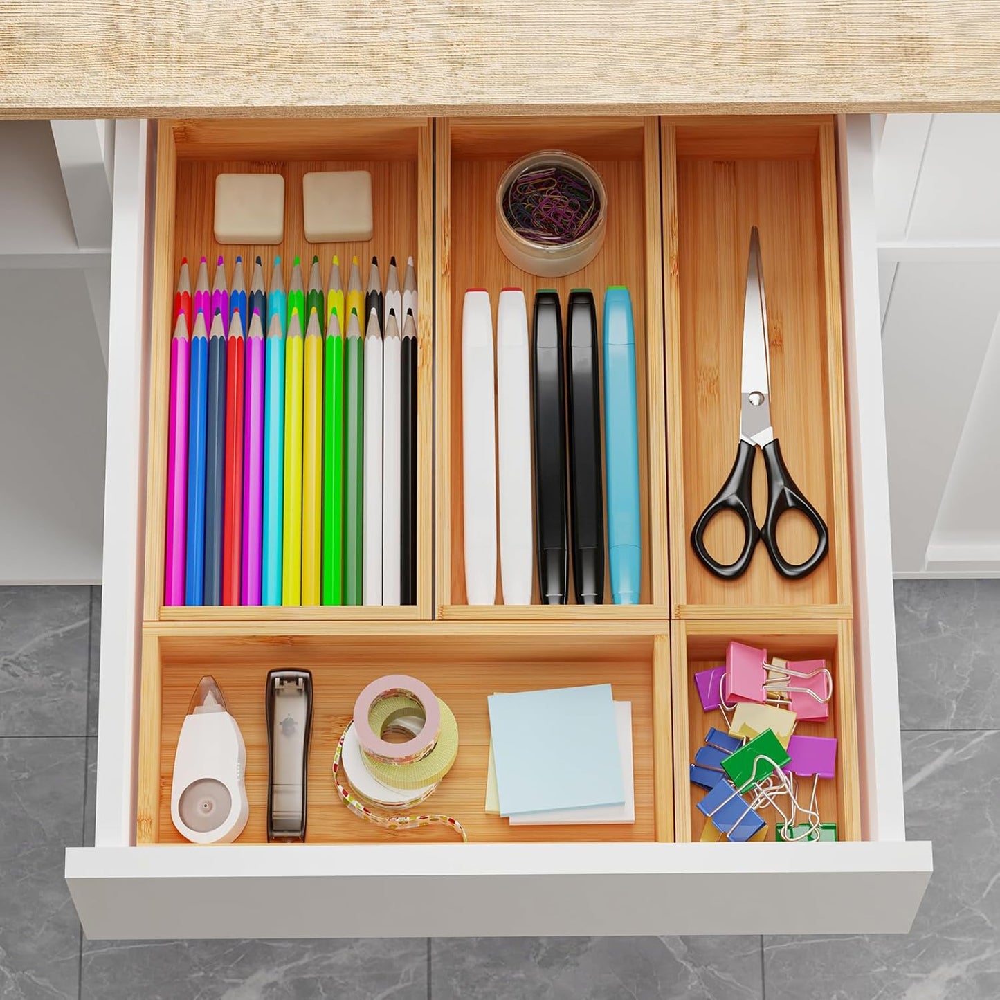 Bamboo Drawer Organizer Boxes, 5 PCS Junk Drawer Organizer, Wooden Storage Trays for Kitchen, Bathroom, Office, Makeup
