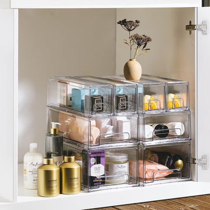 Sorbus Small Clear Stackable Storage Drawers – 4-Pack Plastic Organizer Bins with Handles – Stackable Pull-Out Storage Drawers for Closet, Pantry, Office, Bathroom, Craft, and Toy Organization