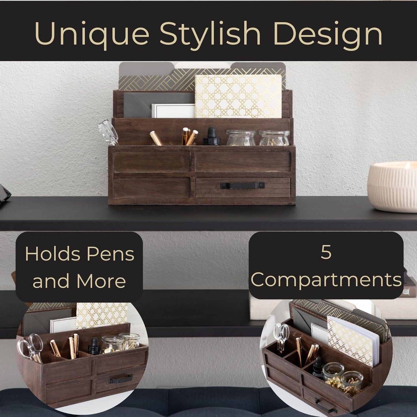 BLU MONACO | White Desktop Organizer with Drawer Storage | Tabletop Organizer with Drawers for Paper Bills Mail | Wooden Mail Organizer for Countertop Workspace | with Drawer, Bill