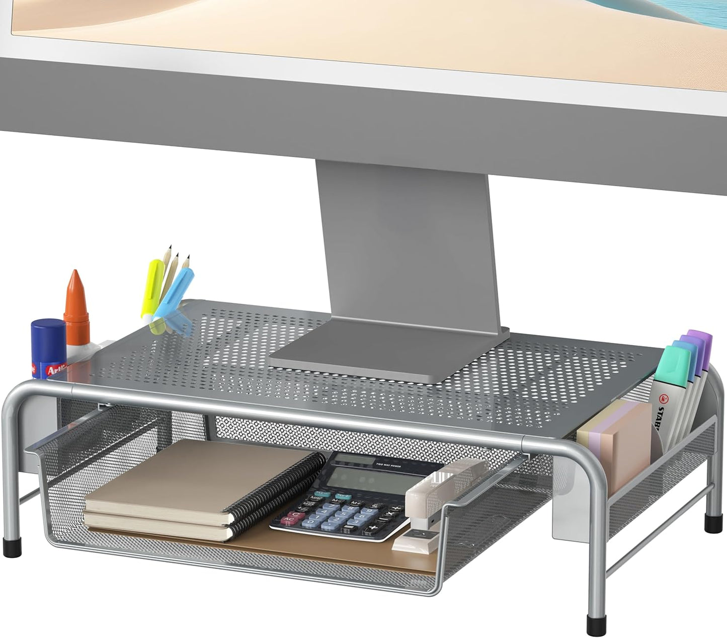 Simple Houseware Metal Desk Monitor Stand Riser with Organizer Drawer, White