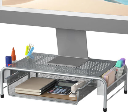 Simple Houseware Metal Desk Monitor Stand Riser with Organizer Drawer, White