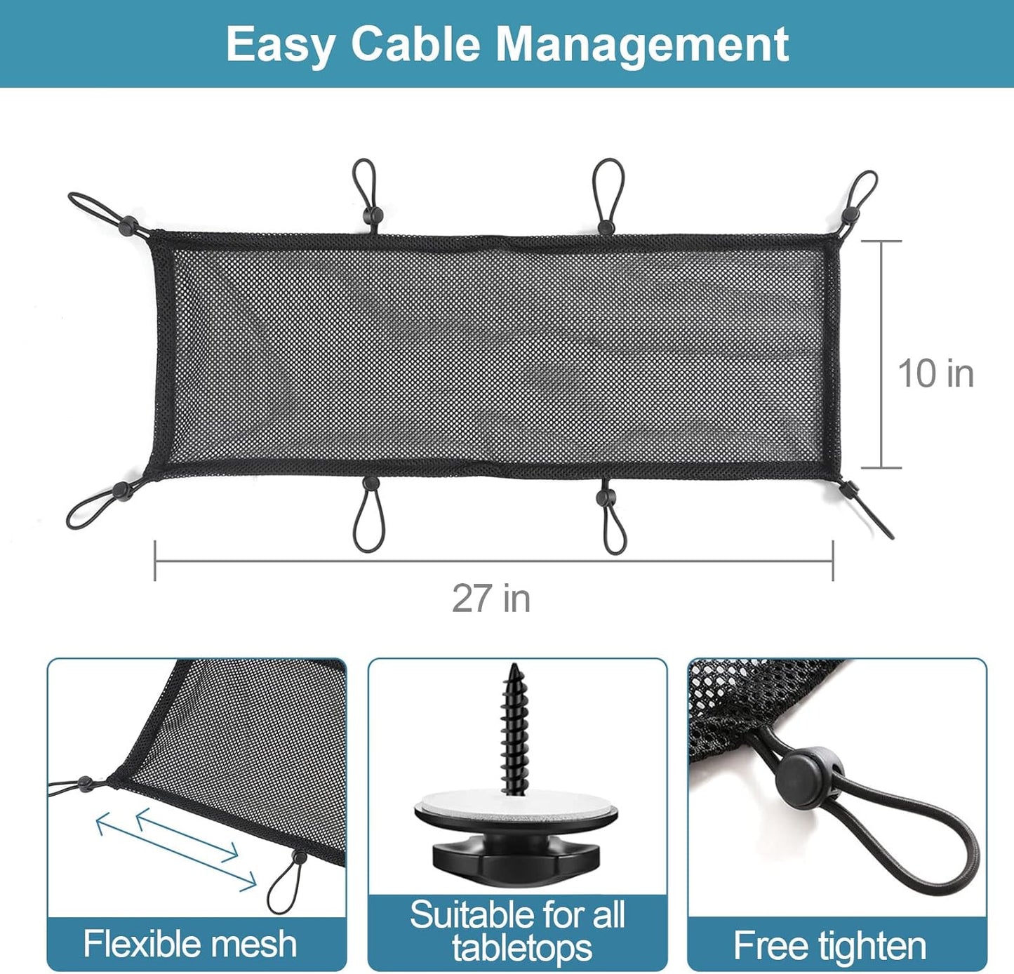 Under Desk Cable Management Net, 36PCS Under Table Cord Management Mesh Organizer Flexible Wire Hiders, Extra Large Capacity Wire Management Kit Under Desk, Fits Most Tables
