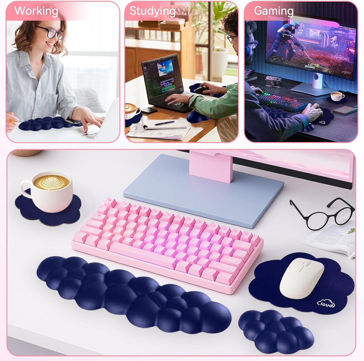 Sushret Cloud Wrist Rest for Computer Keyboard, 4-in-1 Memory Foam Leather Cloud Keyboard Wrist Rest and Mouse Pad Set with Ergonomic Support for Arm and Palm Cushion, Gaming/Work Setup, Rainbow