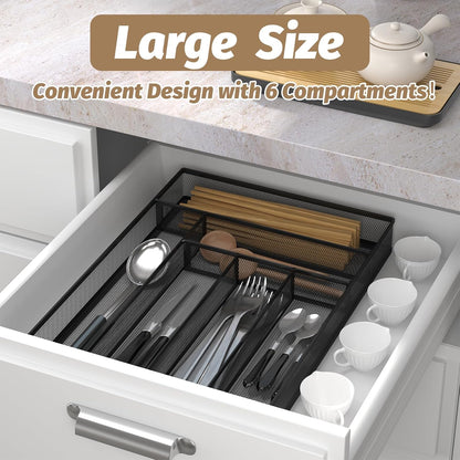 Sedegn Silverware Organizer Metal Mesh, Small Drawer Organizer, Utensil Cutlery Tray for kitchen drawers, Flatware Organizer with 5 Compartment, Black(9.3"*12.6")