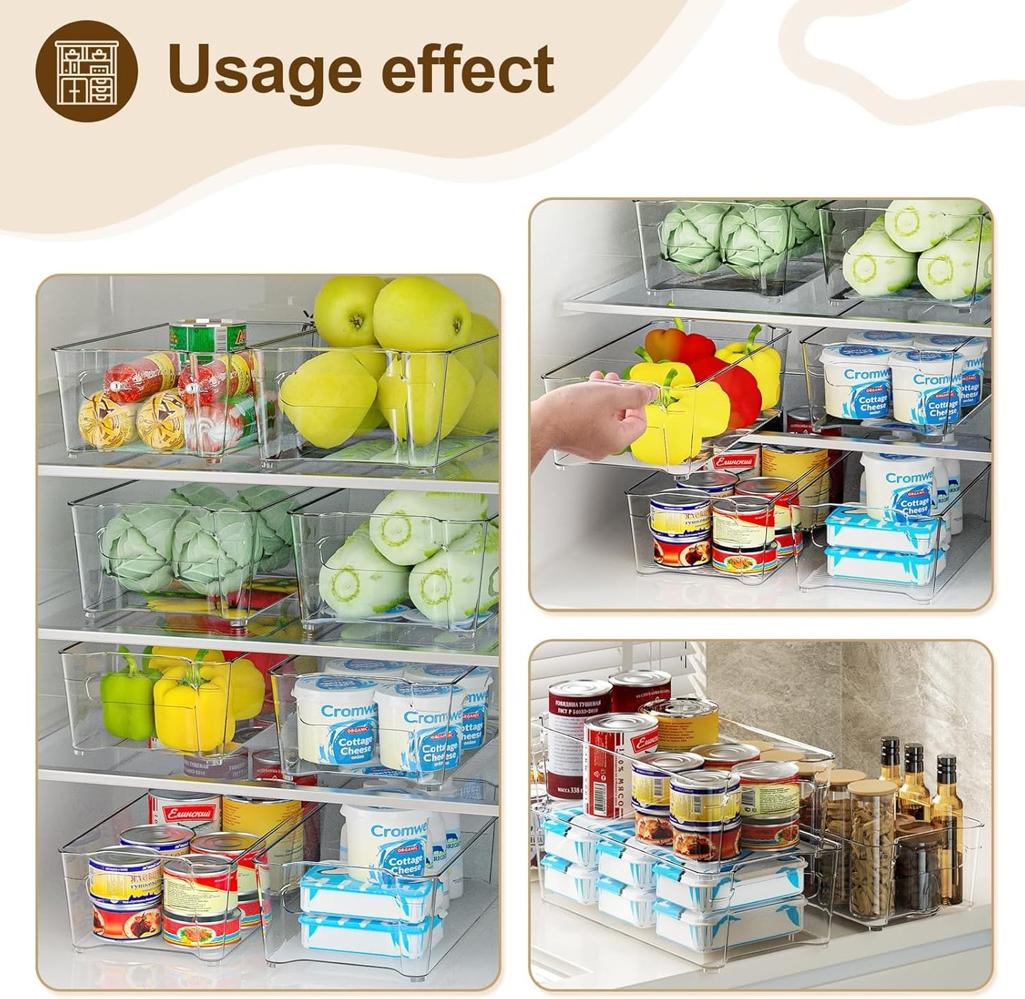 Clear Fridge Organizer, Refrigerator Organizer Bins with Handle, Freezer, Kitchen Cabinet, Pantry Organization, BPA Free Fridge Organizers (12.4 inch 8 Pack)