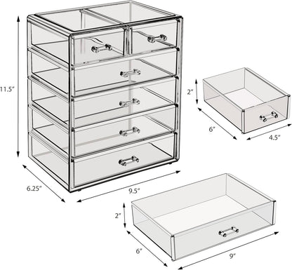 Sorbus Acrylic Makeup Organizer Set, 6-Drawer Vanity & Countertop Cosmetic Storage with Small & Wide Drawers, Clear Makeup Storage for Brushes, Lipsticks, Jewelry – Holiday Gift for Women & Teens