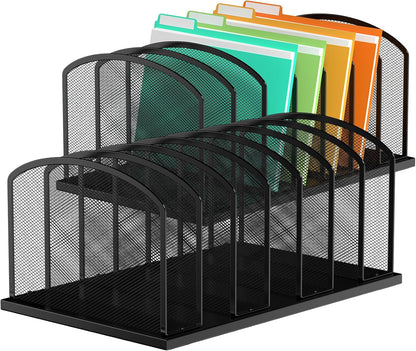 MINDEPOT Desk File Organizer 7 Sections Upright Mesh File Sorter Organizer for Desk, Office Organization File Holder for Home, Office & Classroom (Black, 1Pack)