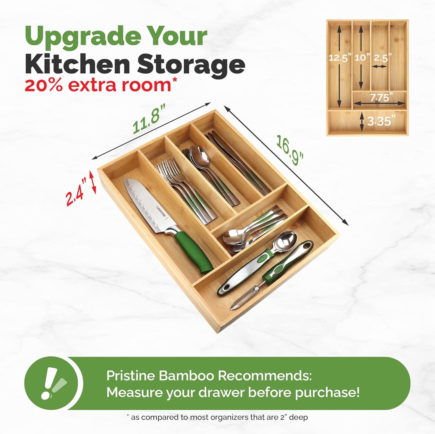 Pristine Bamboo Expandable Drawer Organizers for Kitchen - Extra Deep Non-Slip 17” x 14.6” (expands up to 25 inches) - Dark Wooden Silverware Divider (10 Compartments) – Organize Cooking Utensils
