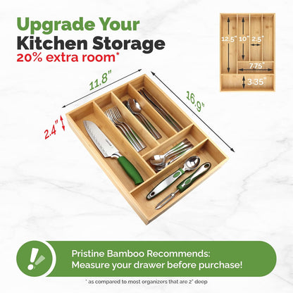 Pristine Bamboo Expandable Drawer Organizers for Kitchen - Extra Deep Non-Slip 17” x 14.6” (expands up to 25 inches) - Dark Wooden Silverware Divider (10 Compartments) – Organize Cooking Utensils
