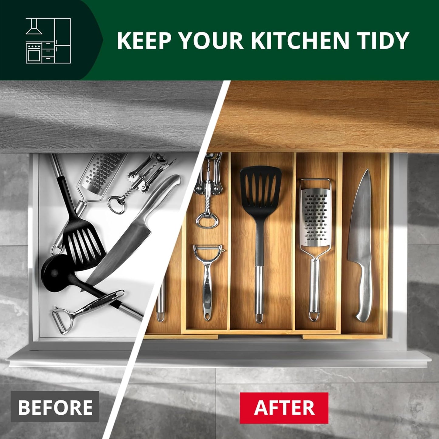 ROYAL CRAFT WOOD Luxury Bamboo Kitchen Drawer Organizer - Silverware Organizer, Utensil Holder & Cutlery Tray Drawer Dividers for Flatware (9 Slot, Natural)