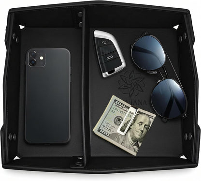 Valet Tray Organizer for Men & Women - PU Leather Catch All Tray with Removable Divider - EDC Storage for Keys, Watch, Phone - Nightstand, Dresser & Desk Organizer - Pacific Navy