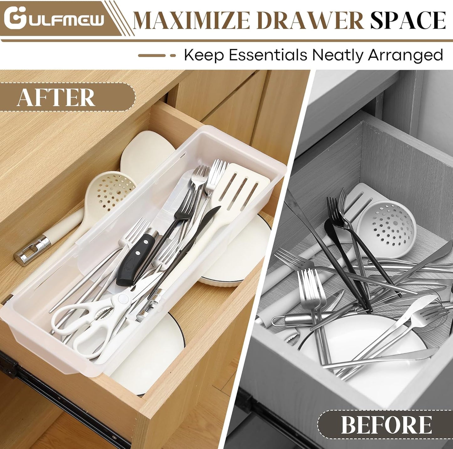 2 Pack Deep Drawer Organizer Bins, Adjustable Sliding Drawer Organizer Bin Expandable Tray for Kitchen Utensils, BBQ Tools, Towels, Durable Plastic Sliding for Easy Storage (17" to 27”)