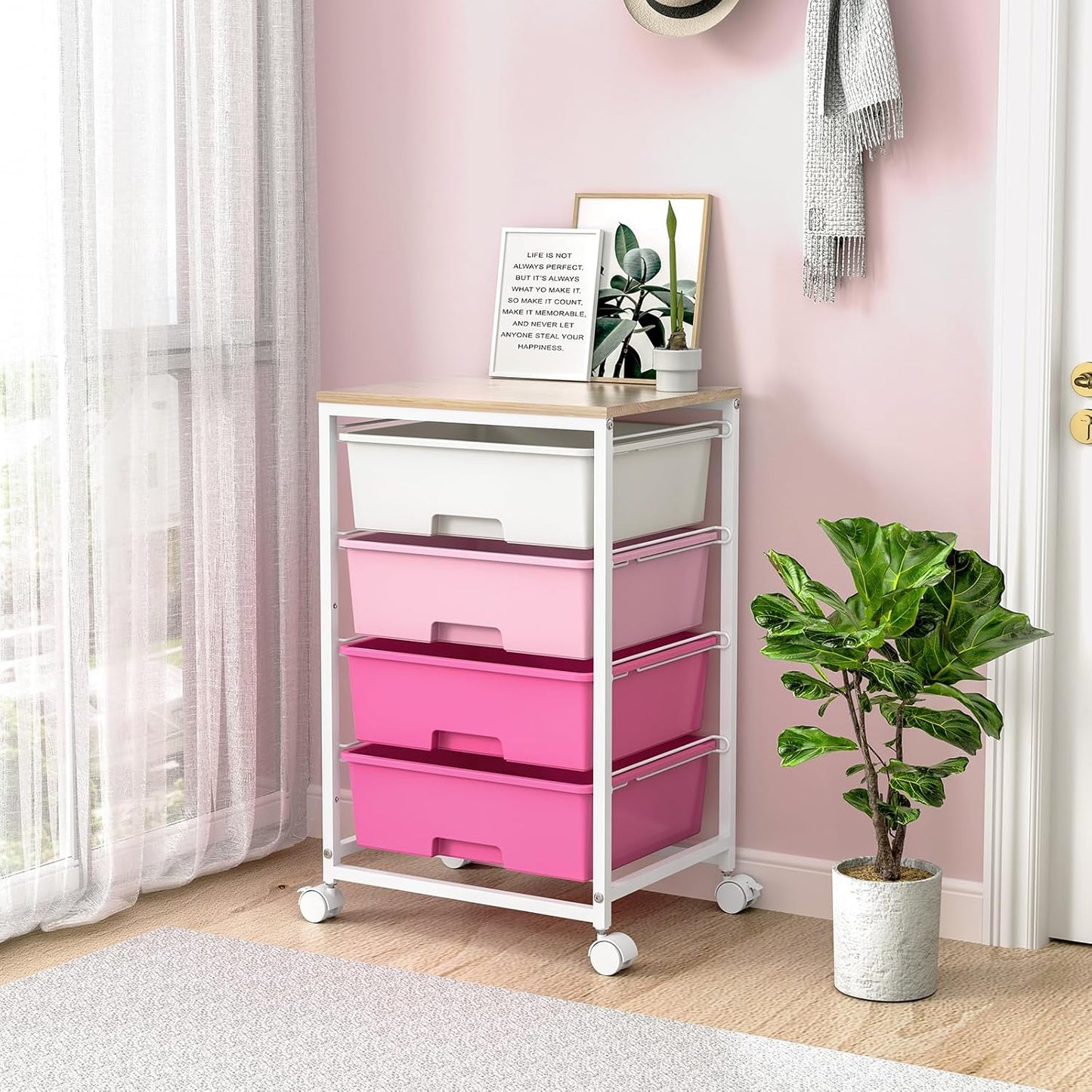 SYKIARIOL Utility Cart with 4 Drawers, Multipurpose Rolling Storage Cart with 4 Drawers and 2 Lockable Wheels, 4-Tier Rolling Storage Cart Organizer for Home Office Dorm, Bright White
